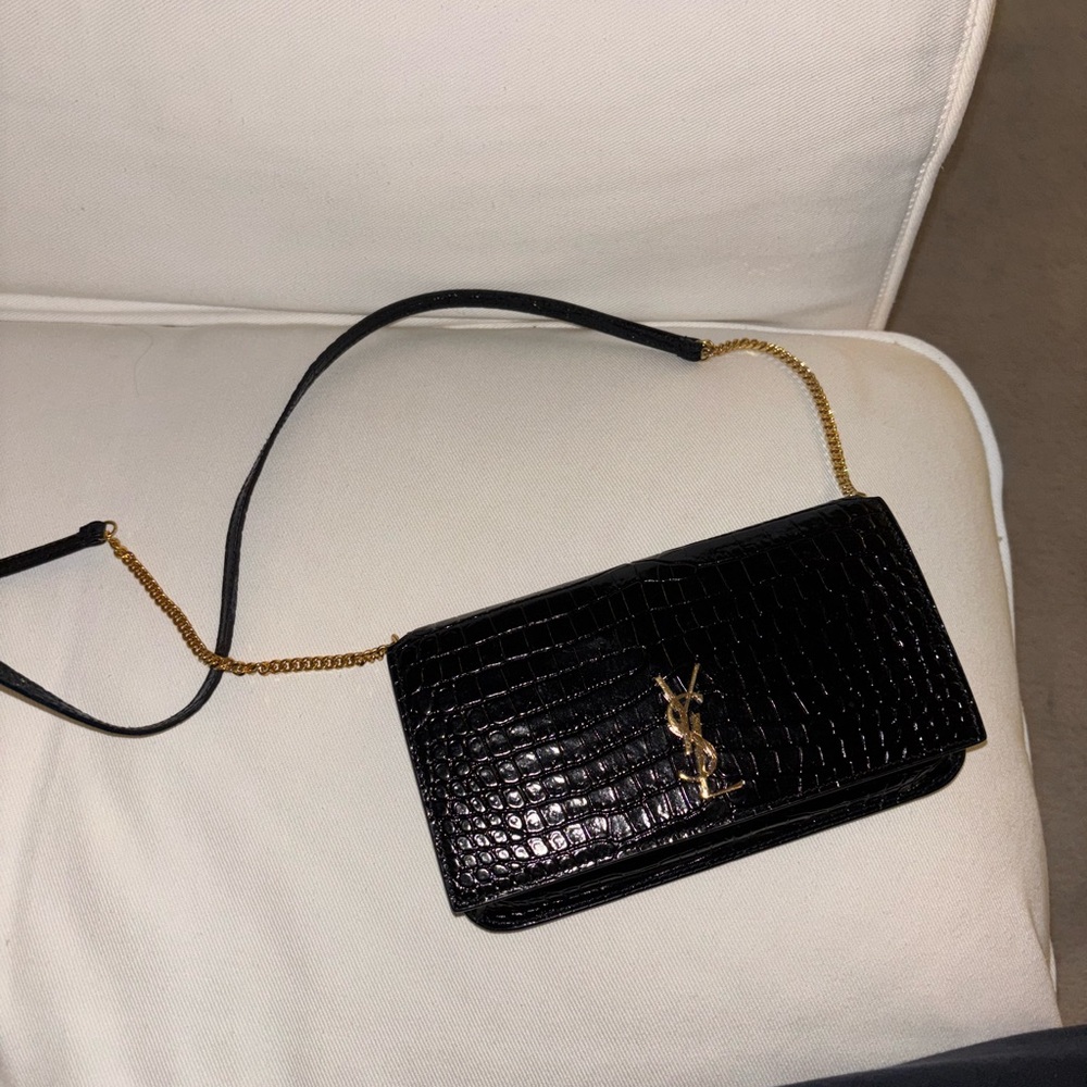 Saint Laurent Black Croc-Embossed Leather Shoulder Bag with Gold Hardware